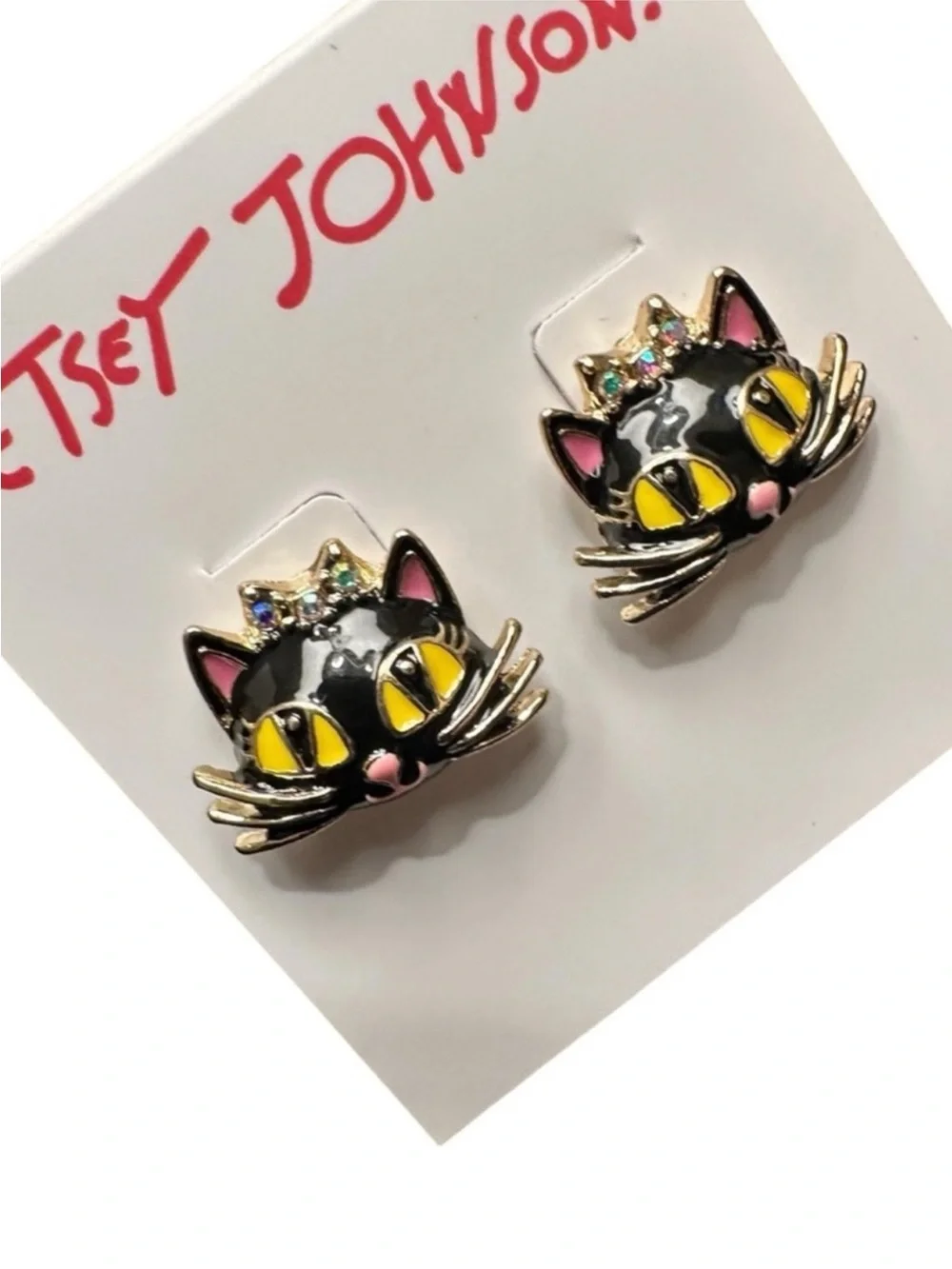 Betsey Johnson Black Cat Crystal Crown Stud Earrings NWT Gold Tone